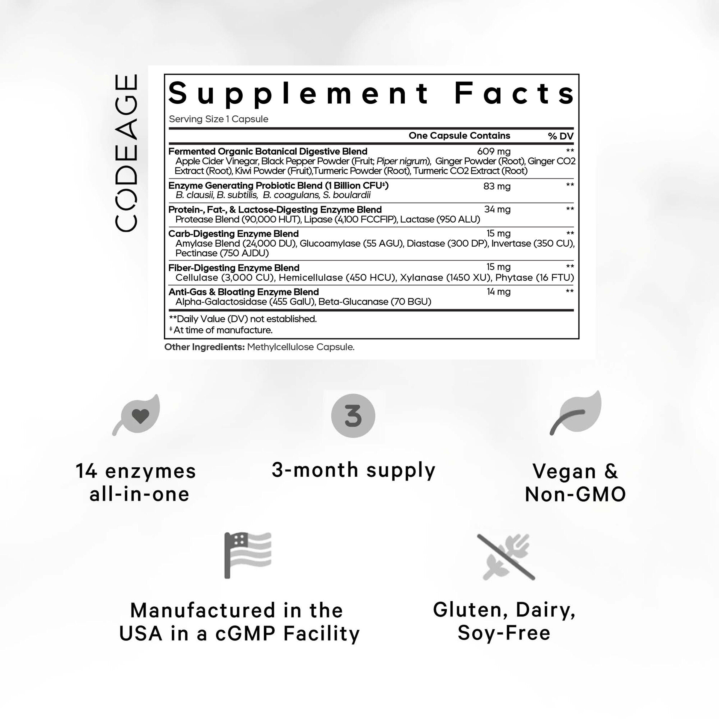 Fermented Digestive Enzymes with Probiotics & Prebiotics - 90 Capsules (90 Servings)